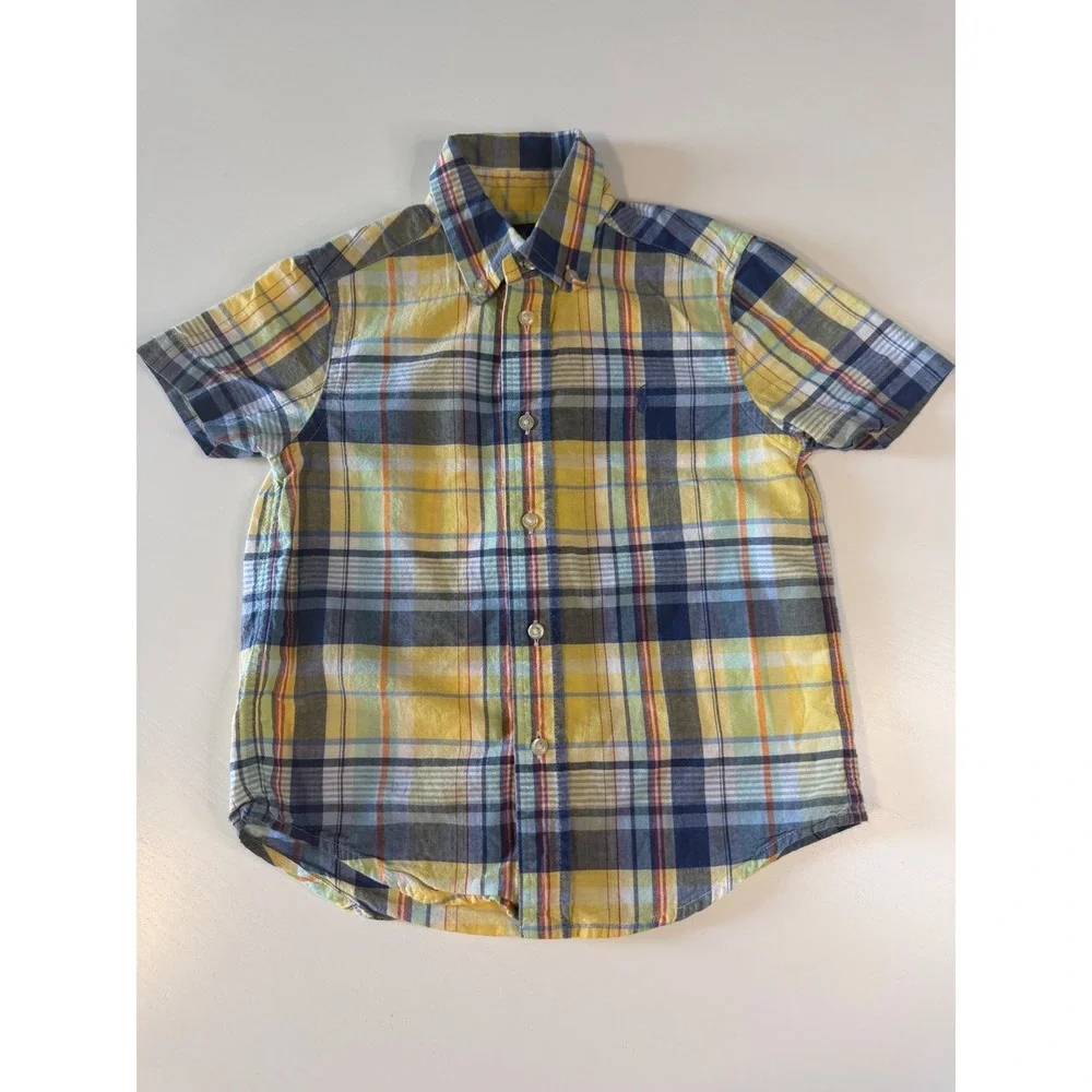 Ralph Lauren Boys Yellow Blue Plaid Short Sleeve Button Down Shirt Size 4T